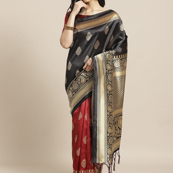 Saree Mall Black & Red Half & Half Printed Saree - Distacart