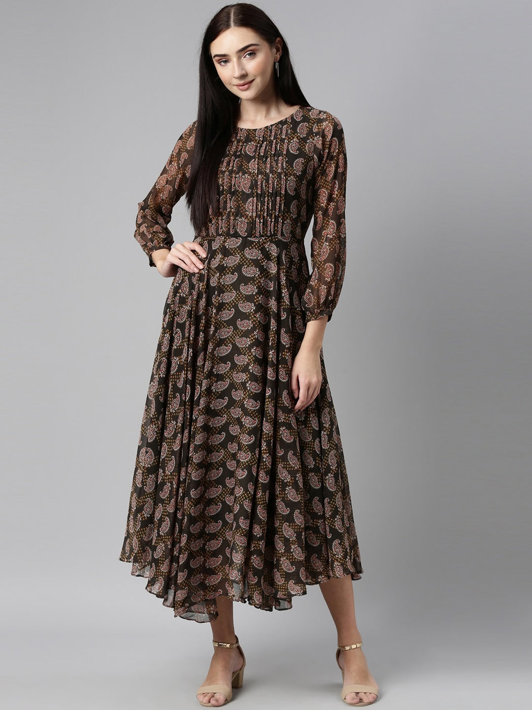 Souchii Olive Green & Red Ethnic Motifs Printed Chiffon A-Line Maxi Dress - Distacart