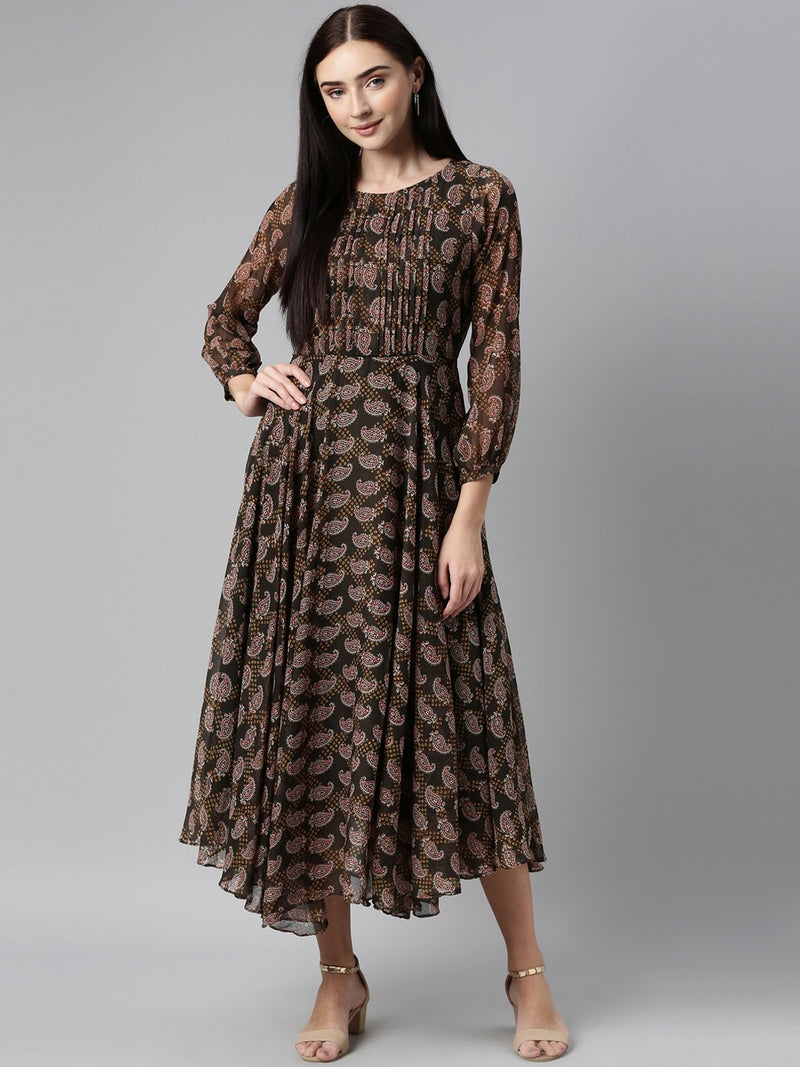 Souchii Olive Green &amp; Red Ethnic Motifs Printed Chiffon A-Line Maxi Dress - Distacart