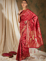 Thumbnail for Sangria Red & Gold-Toned Floral Woven Design Zari Banarasi Saree - Distacart