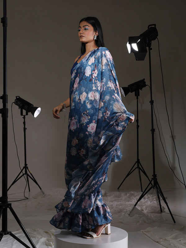Tikhi Imli Blue Floral Printed Satin Ruffles Saree - Distacart