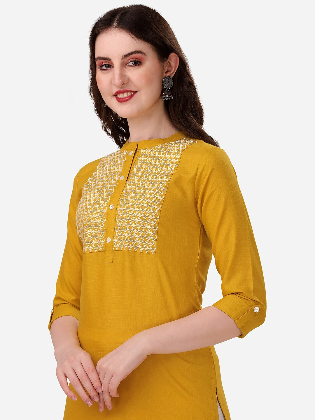 HERE&NOW Yoke Design Mandarin Collar Thread Work Cotton Kurta - Distacart