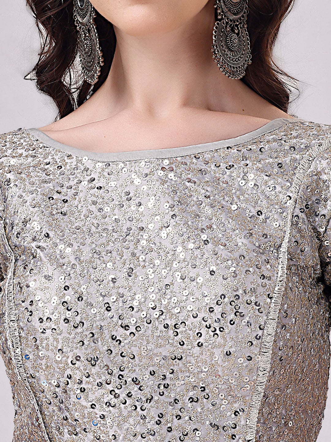 Tikhi Imli Grey Embellished Boat Neck Sequinned Detailed Saree Blouse - Distacart