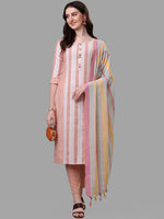 Thumbnail for HERE&NOW Peach & White Striped Pure Cotton Kurta With Trousers & Dupatta - Distacart