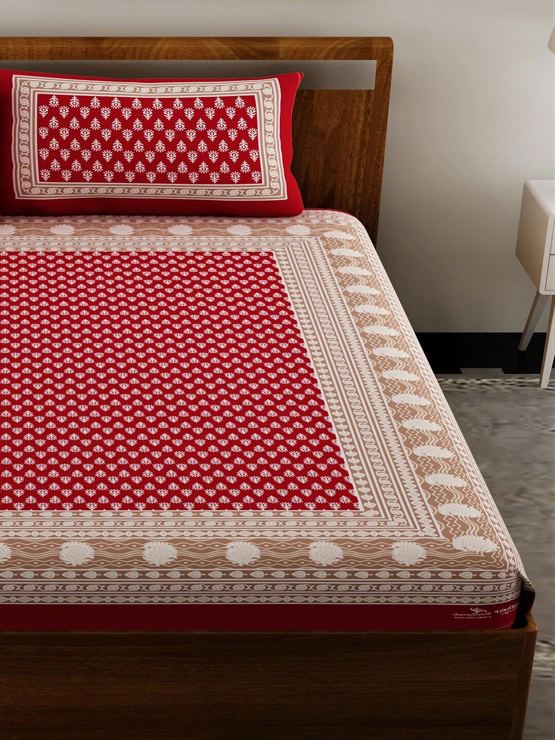 UNIQCHOICE Red & White Ethnic Motifs Pure Cotton 120 TC Queen Bedsheet & 2 Pillow Covers - Distacart