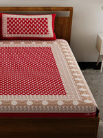 Thumbnail for UNIQCHOICE Red & White Ethnic Motifs Pure Cotton 120 TC Queen Bedsheet & 2 Pillow Covers - Distacart