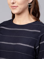 Thumbnail for Jaipur Kurti Navy Blue & Off-White Cotton Striped A-Line Women Dress - Distacart