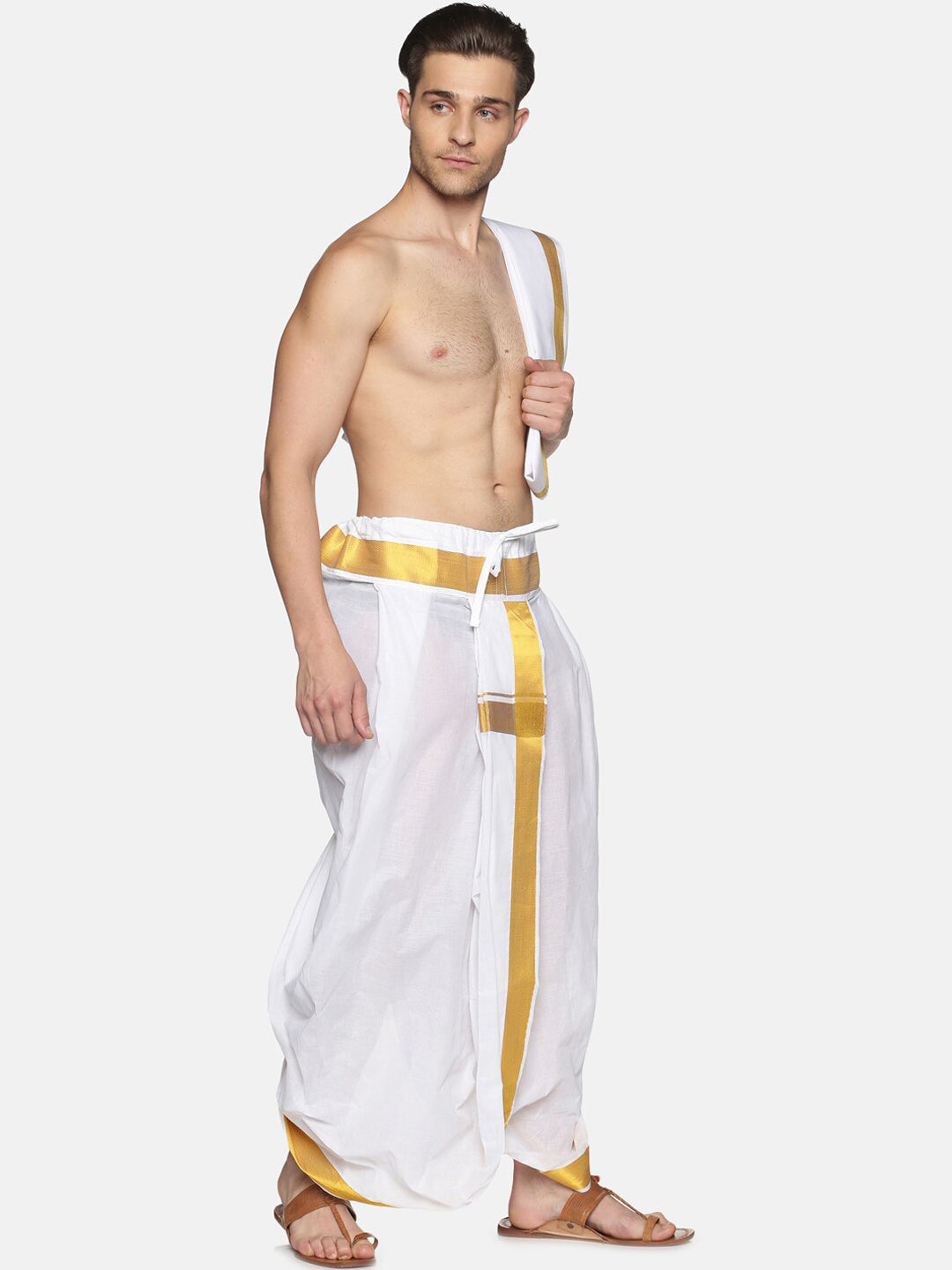 Sethukrishna White & Gold-Toned Solid Ready Made Dhoti Pants - Distacart