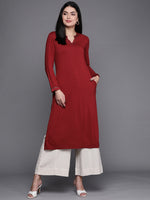 Thumbnail for Biba Women Maroon Studded Yoke Design Knitted Winter Straight Kurta - Distacart