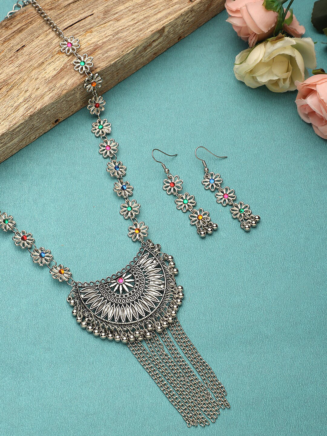 Cardinal Women Silver-Toned Pink & Yellow Stone Studded Jewellery Set - Distacart