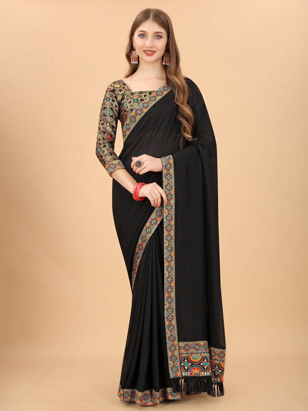 Mitera Black & Orange Pure Silk Saree - Distacart