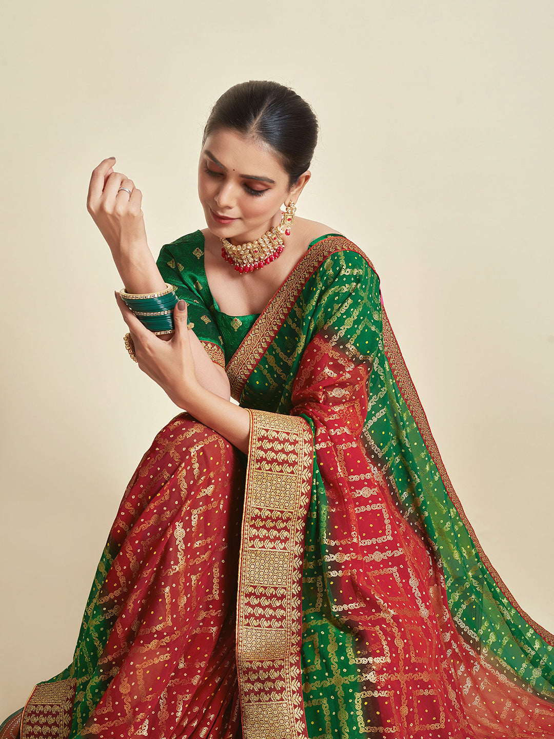 Sangria Red & Green Woven Design Zari Poly Georgette Bandhani Saree - Distacart