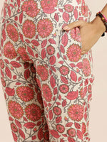 Thumbnail for Sangria Women Off White & Peach-Coloured Floral Print Straight Cotton Kurta with Trousers - Distacart