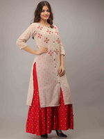 Thumbnail for Kalini Women Cream-Coloured Embroidered High Slit Mirror Work Pure Cotton Kurti with Sharara - Distacart