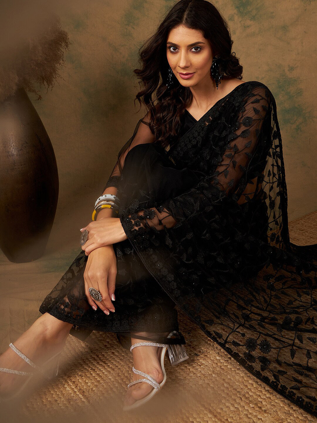 Sangria Floral Embroidered Net Saree - Distacart