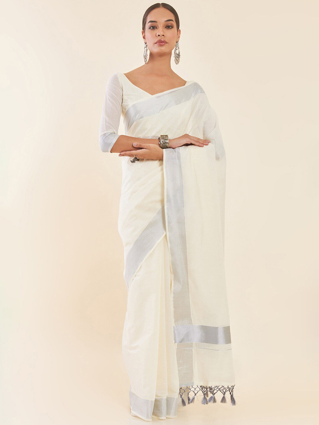 Soch Off-White & Silver-Toned Zari Pure Cotton Kasavu Saree - Distacart