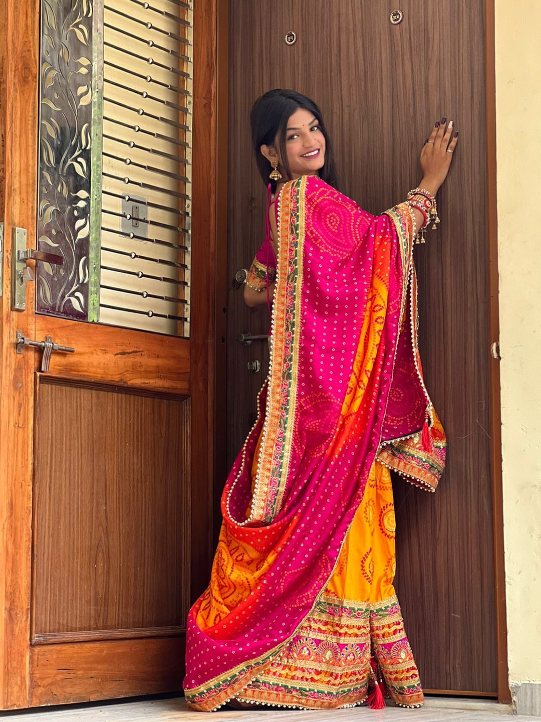 Mitera Orange & Pink Printed & Embroidered Pure Chiffon Bandhani Saree - Distacart