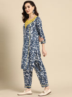 Thumbnail for Sangria Women Navy Blue Ethnic Motifs Embroidered Detail Cotton Kurta with Trousers - Distacart
