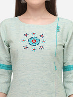 Thumbnail for Kalini Women Sea Green & Red Floral Embroidered Bell Sleeves Mirror Work Cotton Kurta - Distacart