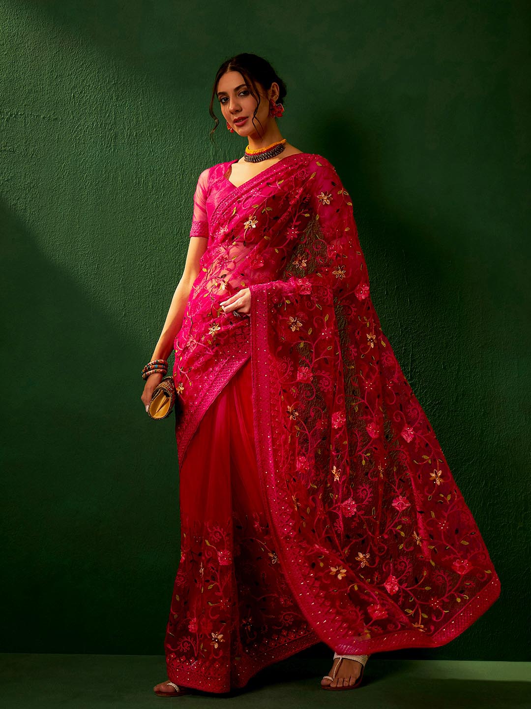 Sangria Embroidered Net Saree - Distacart