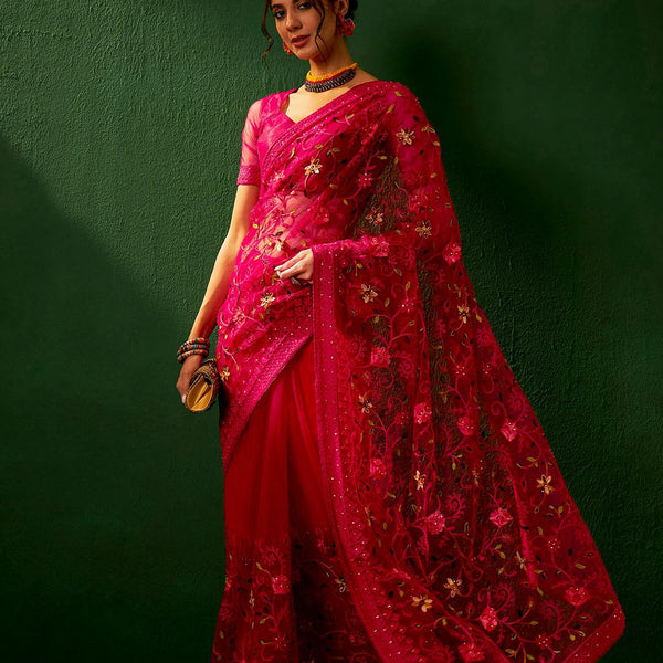 Sangria Embroidered Net Saree - Distacart