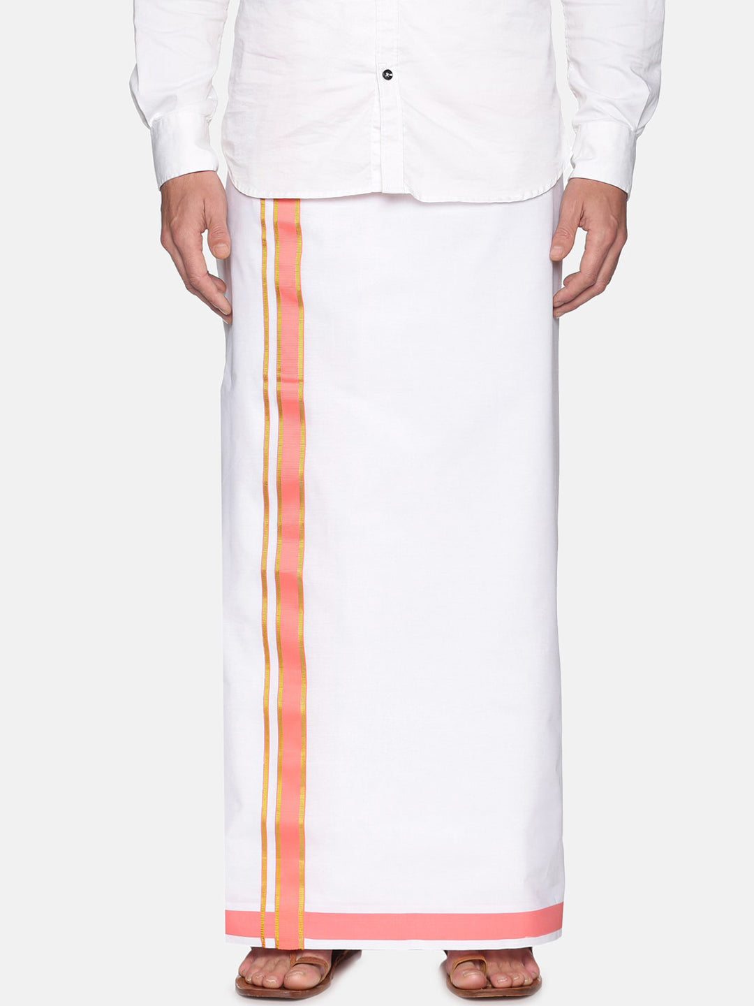 Sethukrishna Men White & Pink Solid Cotton Dhoti - Distacart