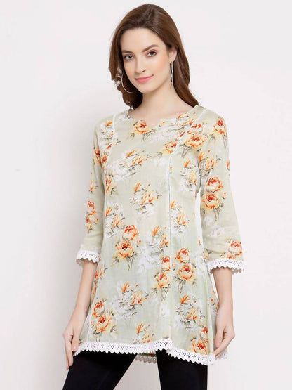 Myshka Women's Off White Cotton 3/4 Sleeve Round Neck Printed Casual Tunic