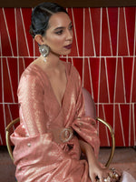 Thumbnail for Mitera Pink & Gold-Toned Woven Design Zari Silk Blend Banarasi Saree - Distacart
