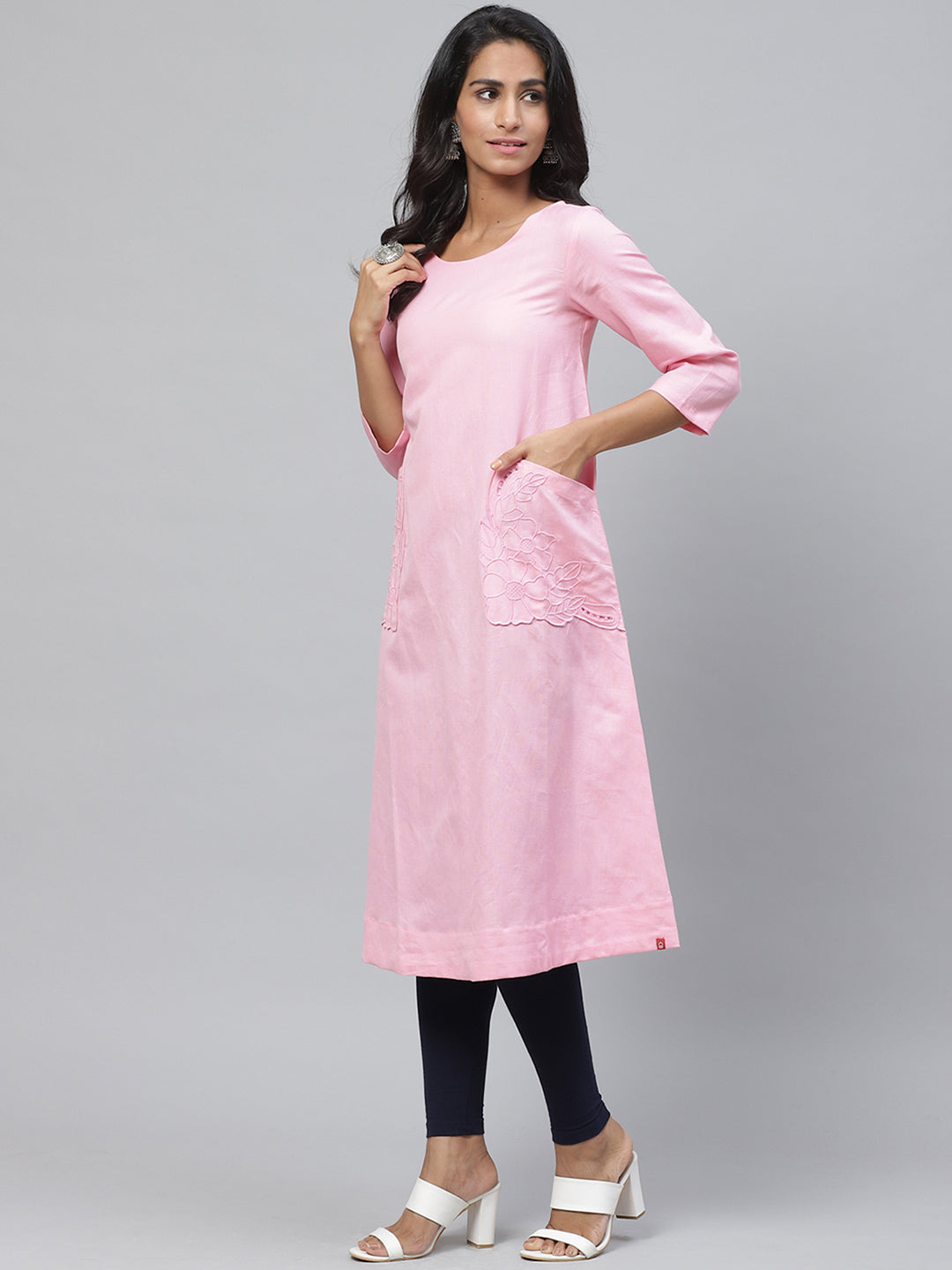 Biba Women Pink Embroidered Detail A-Line Kurta - Distacart