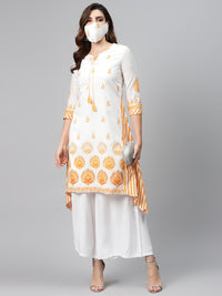 Thumbnail for Biba Women White Yellow Printed Pure Cotton A-Line Asymmetric Kurta - Distacart