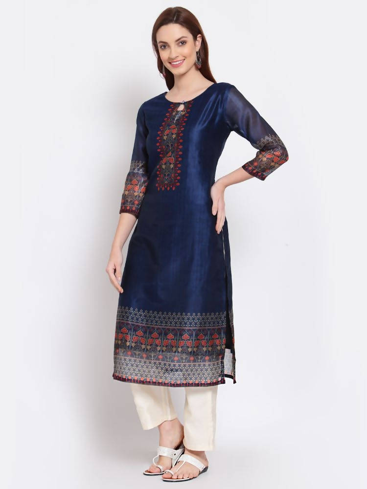 Myshka Women's Navy Blue Printed Chanderi Silk 3/4 Sleeve Round Neck Casual Kurta