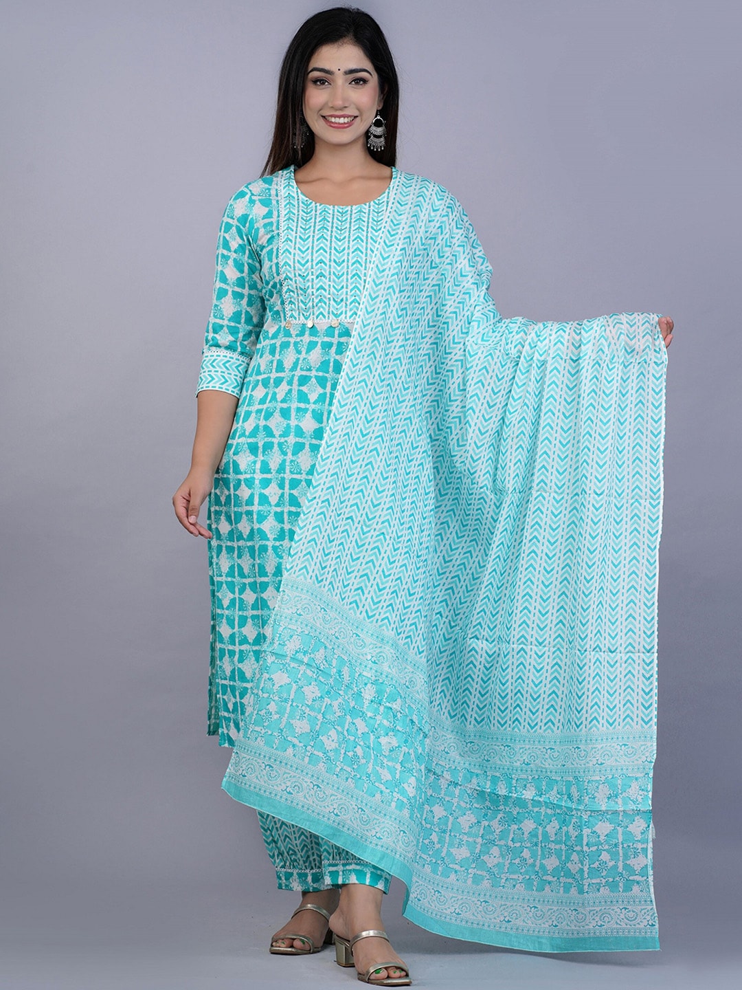 Kalini Women Turquoise Blue Printed Pure Cotton Kurta with Salwar & With Dupatta - Distacart