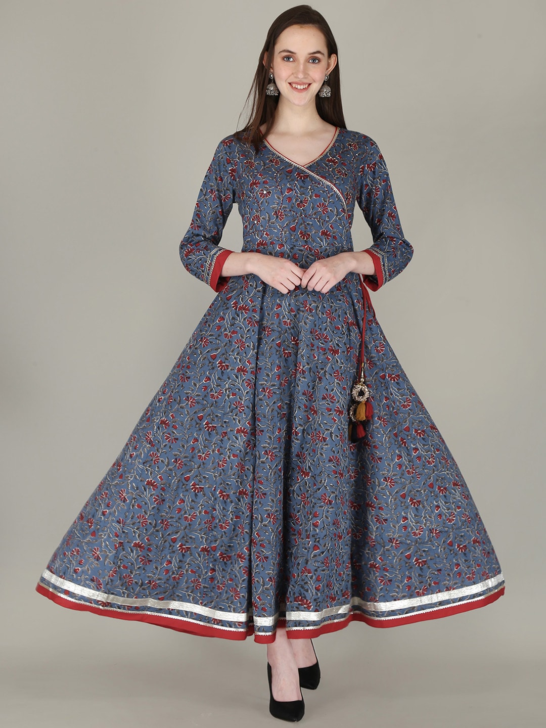 Kalini Women Navy Blue & Red Floral Printed Floral Anarkali Fusion Kurta - Distacart