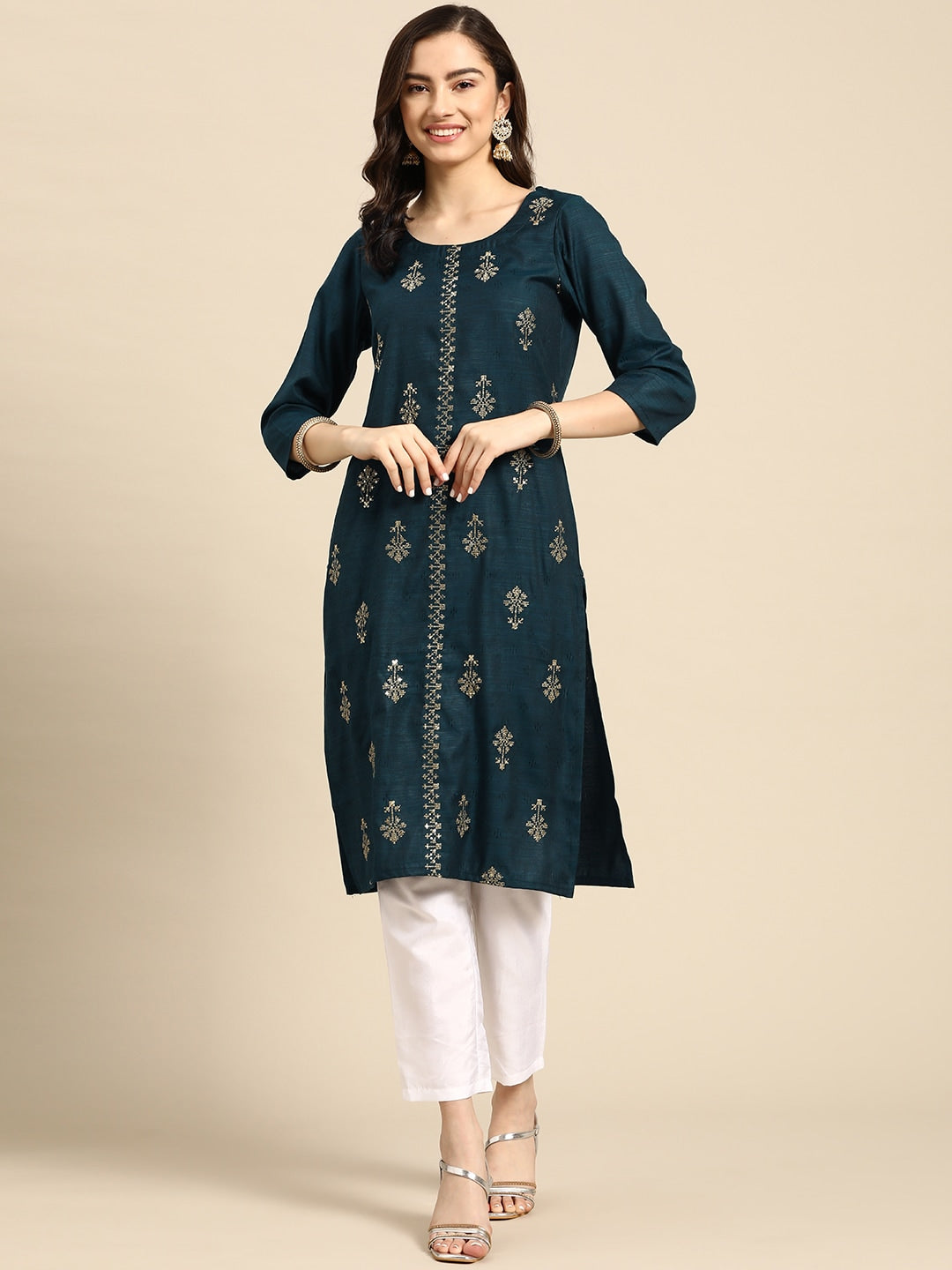 Sangria Teal Blue & Golden Embroidered Regular Kurta - Distacart