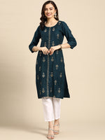 Thumbnail for Sangria Teal Blue & Golden Embroidered Regular Kurta - Distacart