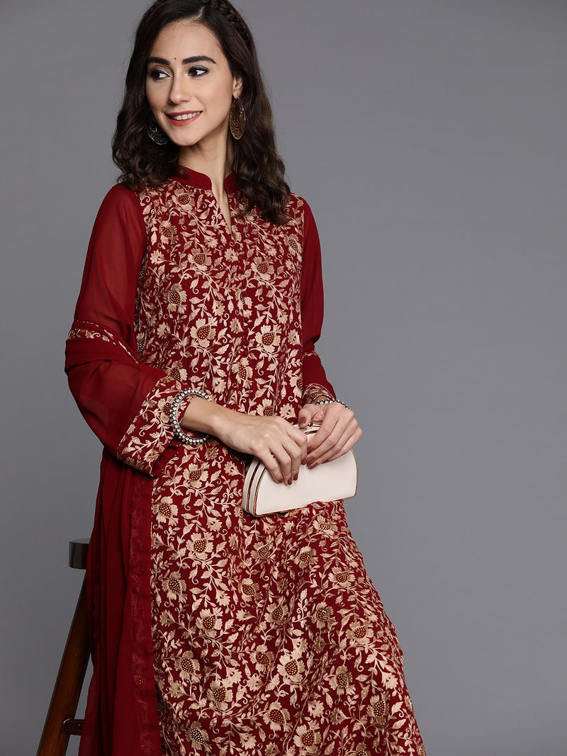 Libas Maroon &amp; Golden Embroidered Kurta with Palazzos &amp; Dupatta - Distacart