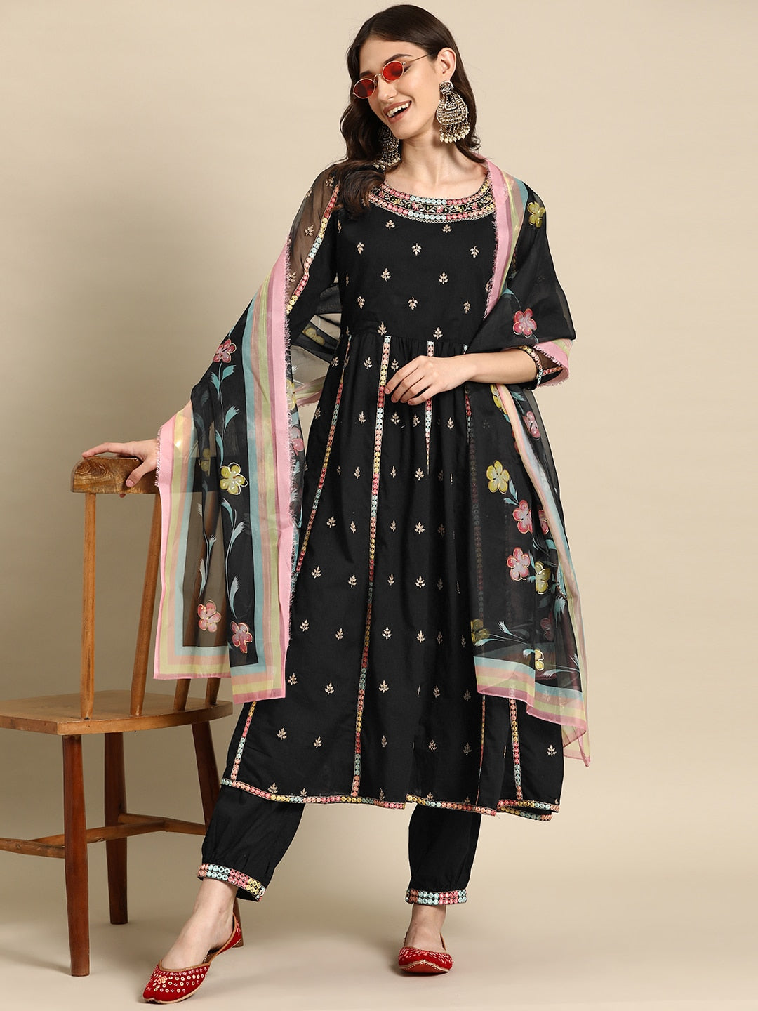 Sangria Women Embroidered Mirror Work Pure Cotton Kurta with Trousers & With Dupatta - Distacart