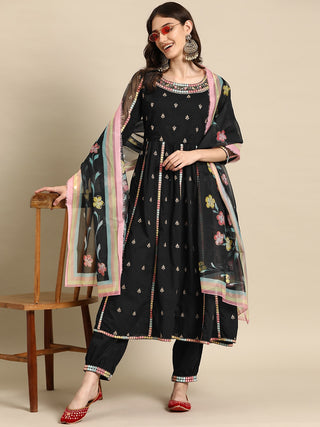 Sangria Women Embroidered Mirror Work Pure Cotton Kurta with Trousers & With Dupatta - Distacart