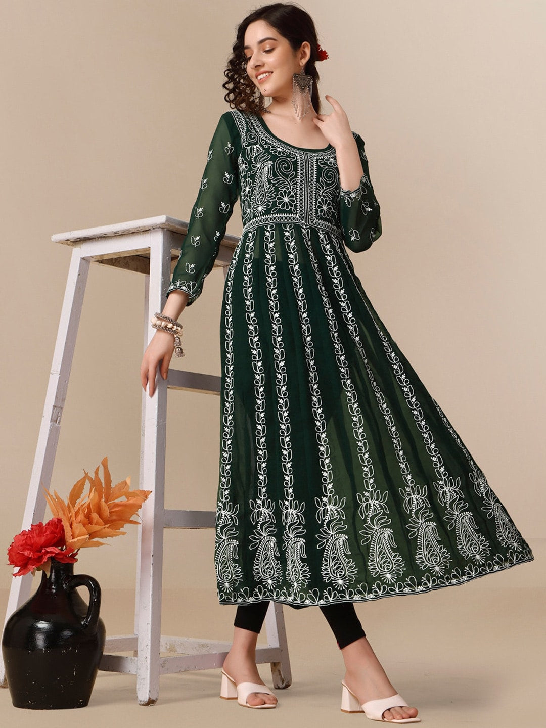 HERE&NOW Ethnic Motifs Embroidered Chikankari Georgette Anarkali Kurta - Distacart