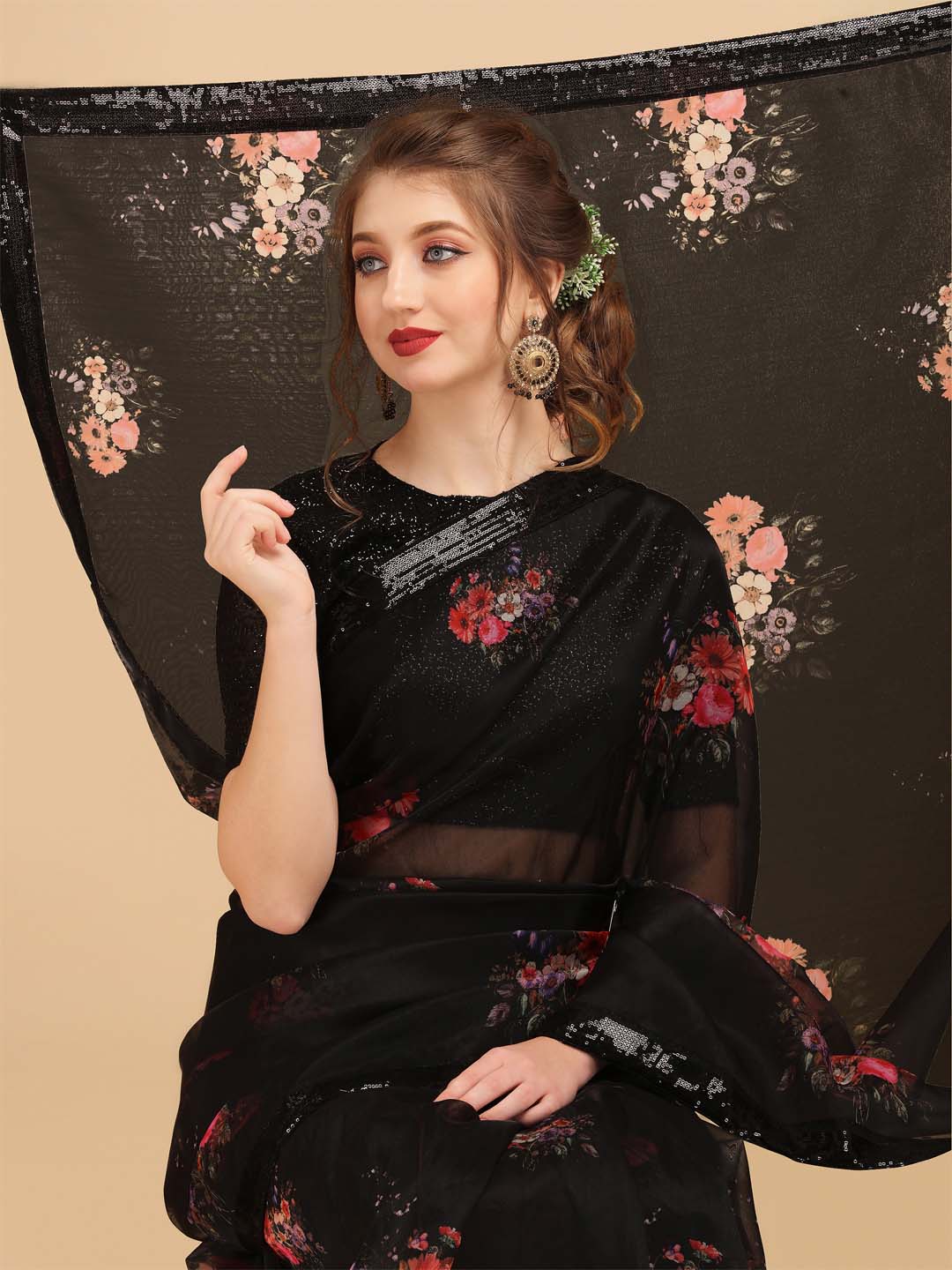 Sangria Black & Coral Floral Sequinned Organza Celebrity Saree - Distacart