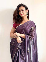 Thumbnail for Mitera Lavender & Gold-Toned Embellished Embroidered Saree - Distacart
