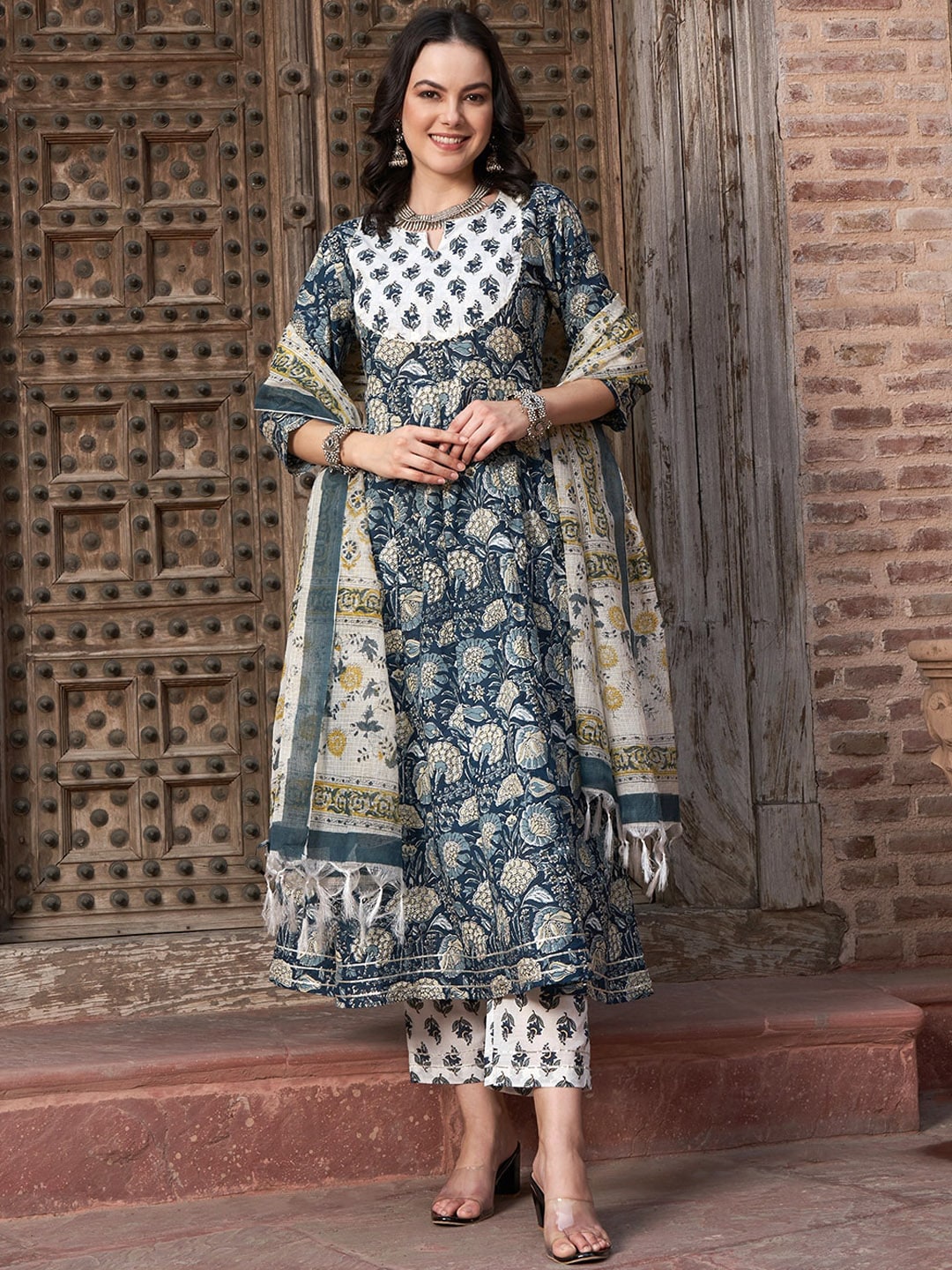 Sangria Navy Blue Floral Printed Pure Cotton Anarkali Kurta With Trouser & Dupatta - Distacart