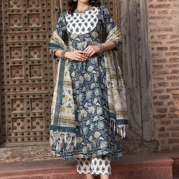 Sangria Navy Blue Floral Printed Pure Cotton Anarkali Kurta With Trouser & Dupatta - Distacart
