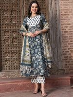 Thumbnail for Sangria Navy Blue Floral Printed Pure Cotton Anarkali Kurta With Trouser & Dupatta - Distacart