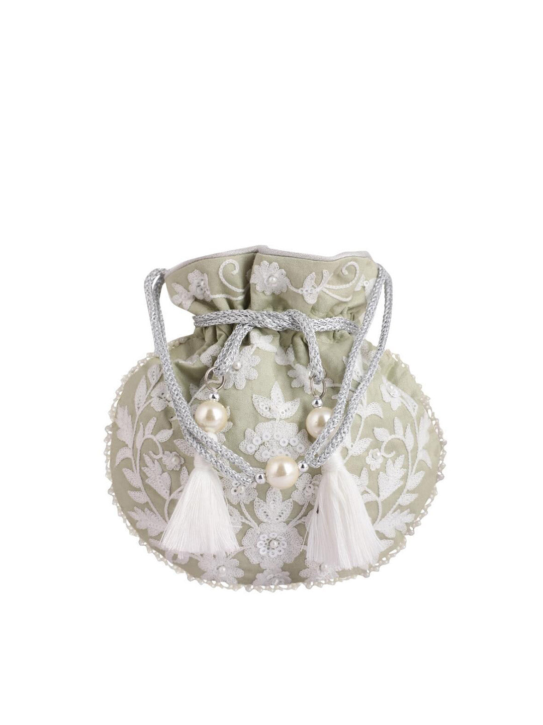 Masq Green & White Embellished Embroidered Potli Clutch - Distacart