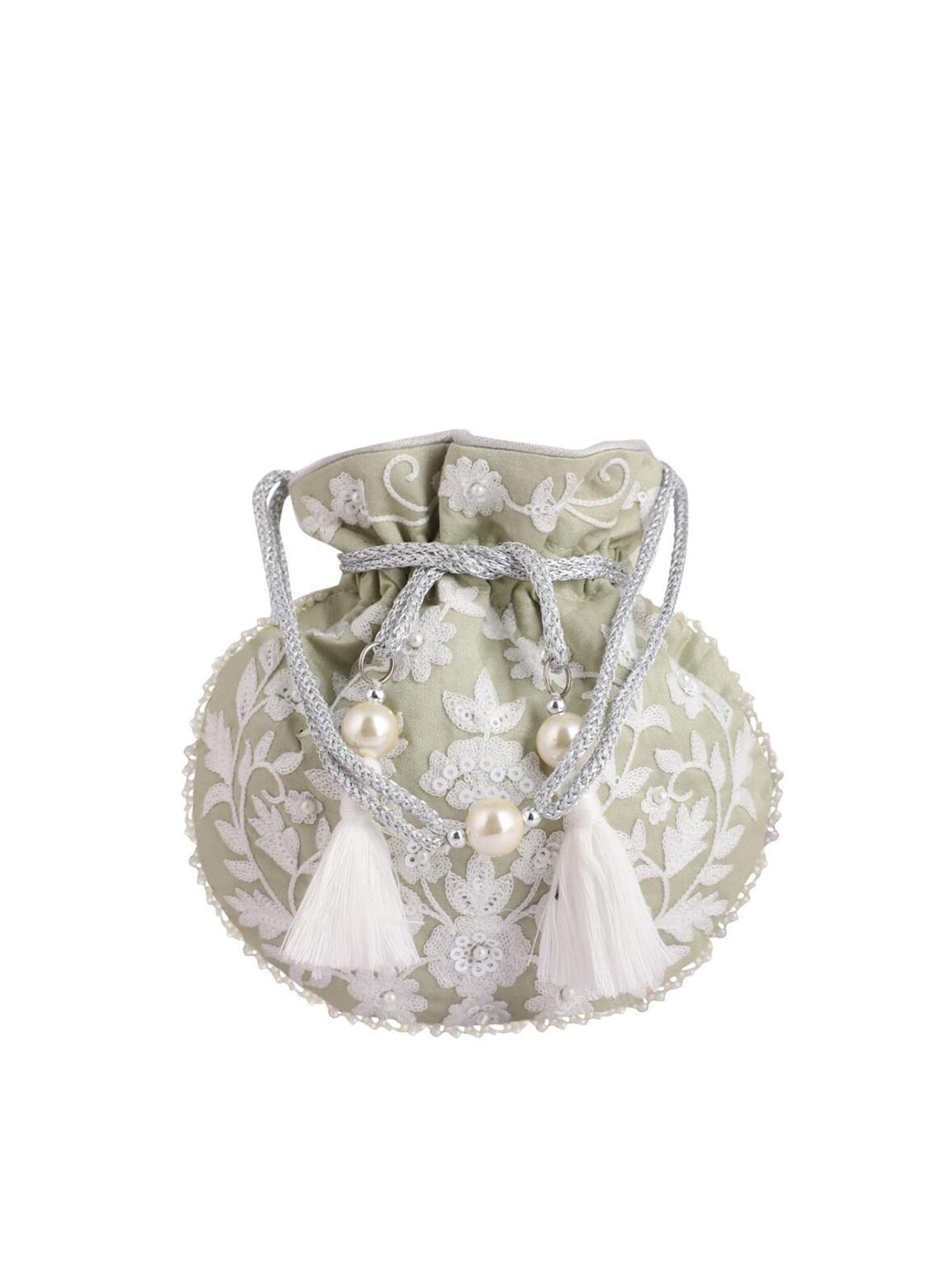 Masq Green & White Embellished Embroidered Potli Clutch - Distacart
