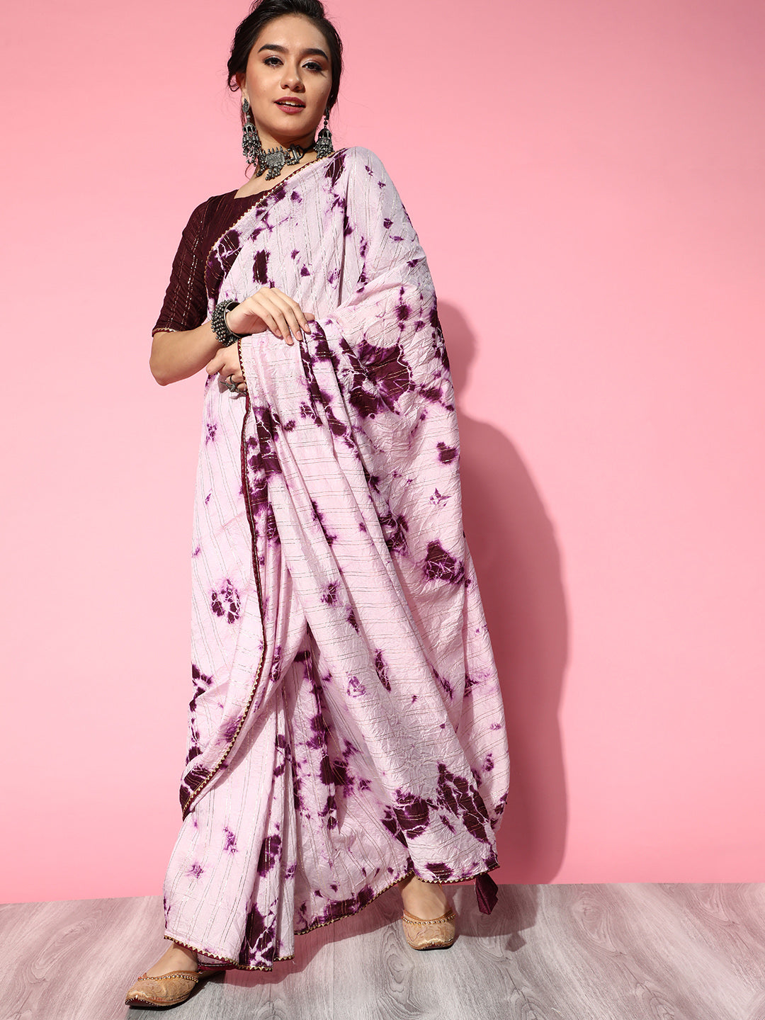 Saree Mall Purple & White Tie and Dye Silk Blend Saree with Unstitched Blouse Piece - Distacart