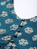Thumbnail for Sangria Women Teal Blue & Golden Ethnic Motifs Printed A-Line Kurta - Distacart