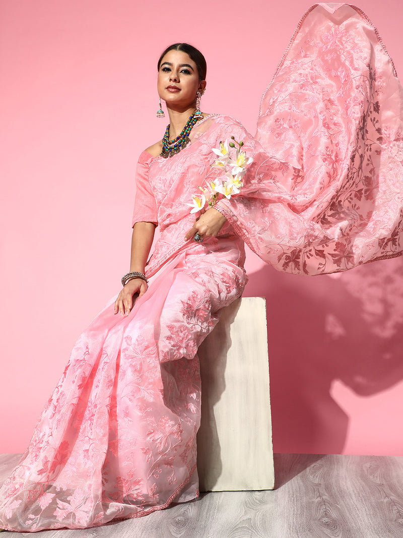 Saree Mall Pink Floral Embroidered Organza Saree - Distacart