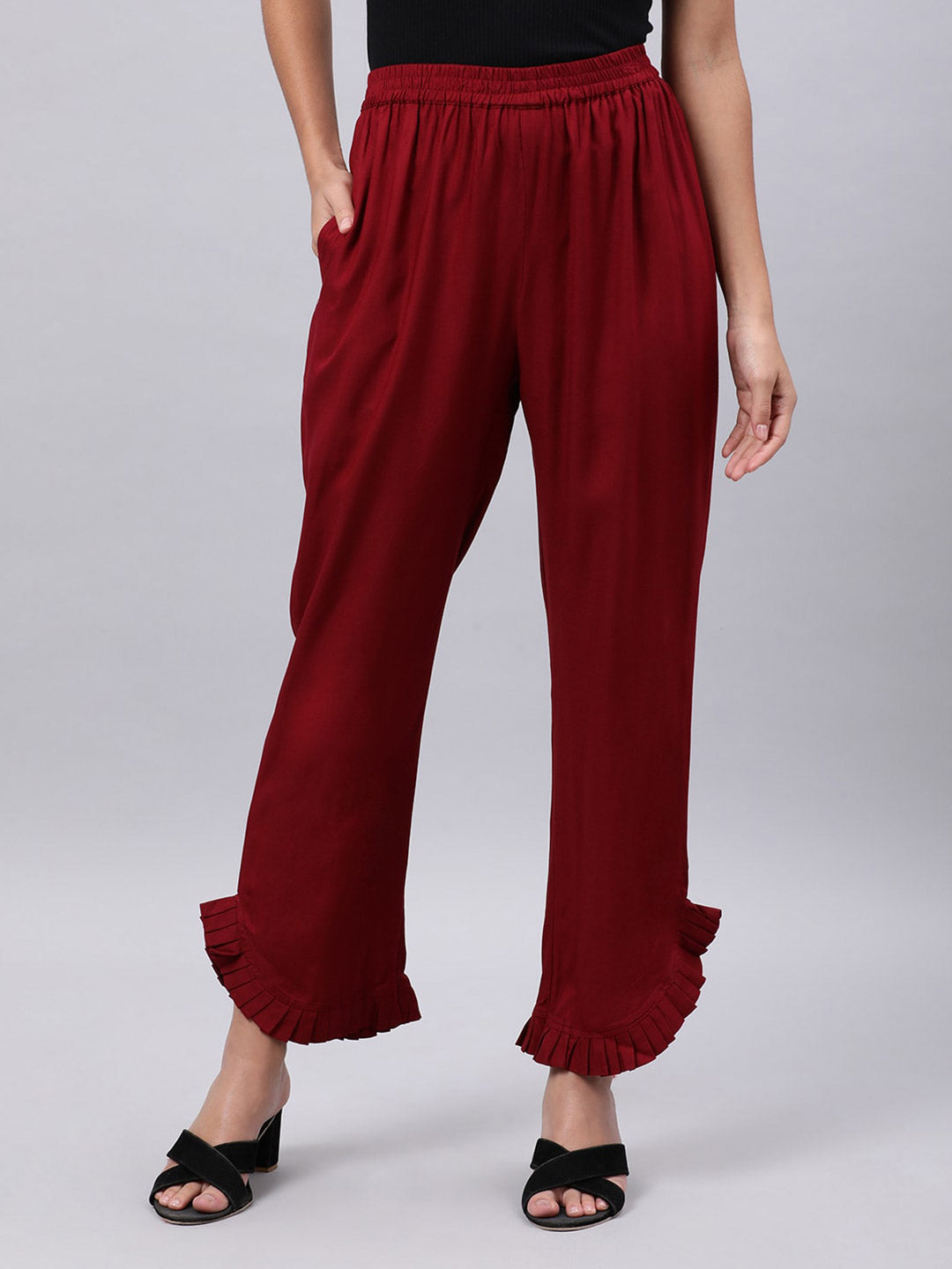 Souchii Women Maroon Solid Pleated Ruffled Liva Palazzos - Distacart